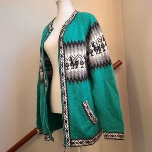 Vintage Alpaca Connection Teal Green Alpaca Knit Cardigan Andean Folk